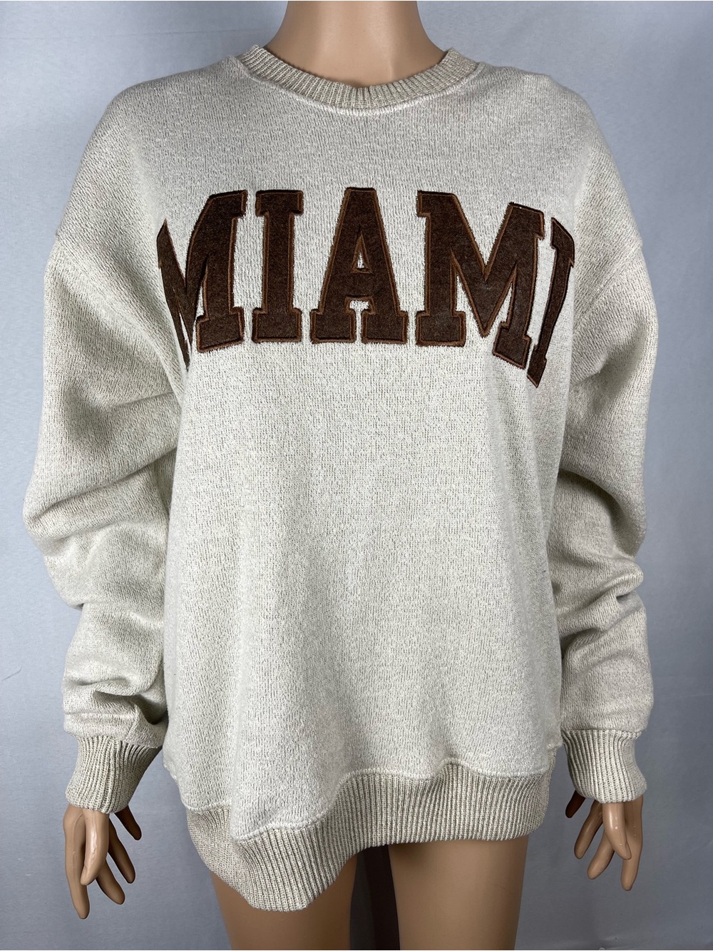 Cream Crewneck Sweater with Brown 'MIAMI' Appliqué